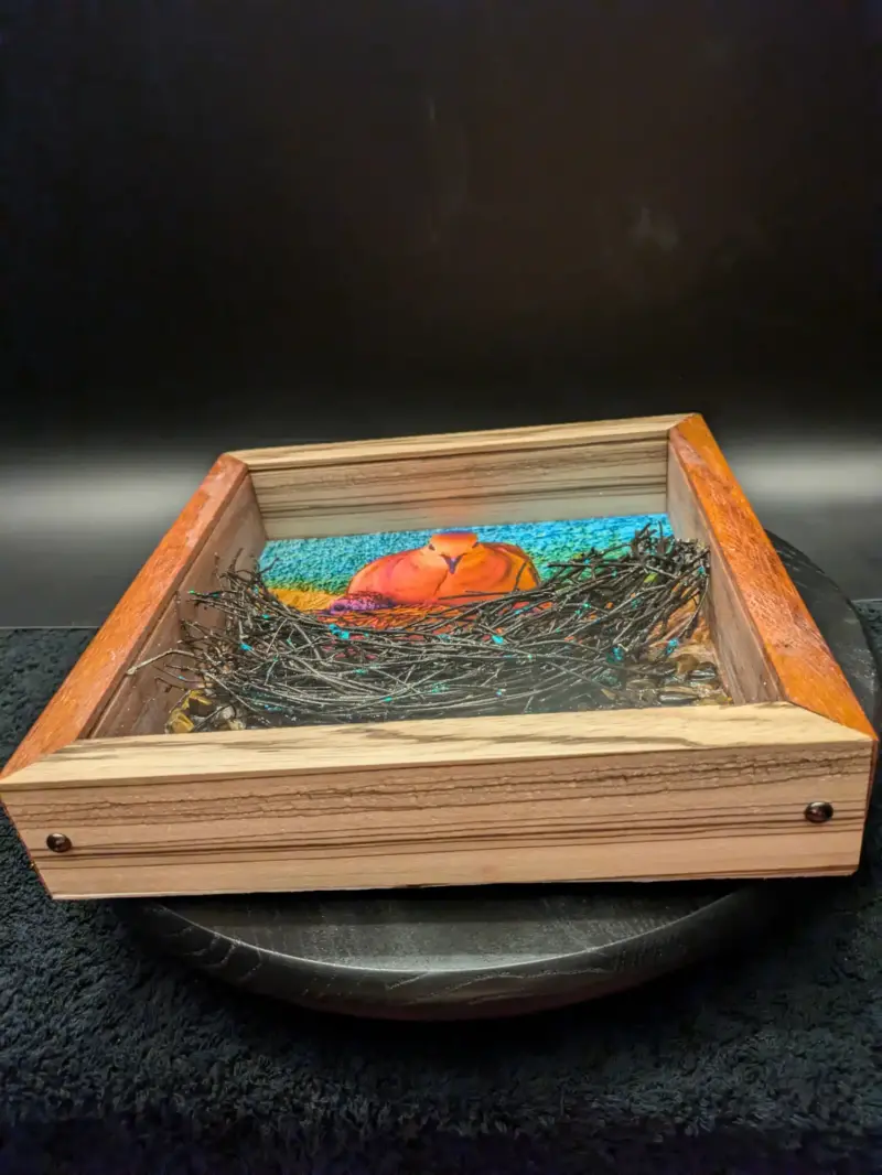 Wenge and Zebra Wood Frame with 'Luminous Noir' Mourning Dove Brood & Tiger Eye Stone Sculpture - Image 5