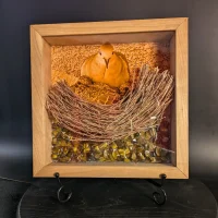 Cherry Wood Frame with Mourning Dove Brood and Tiger Eye Stone Sculpture