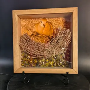 Cherry Wood Frame with Mourning Dove Brood and Tiger Eye Stone Sculpture