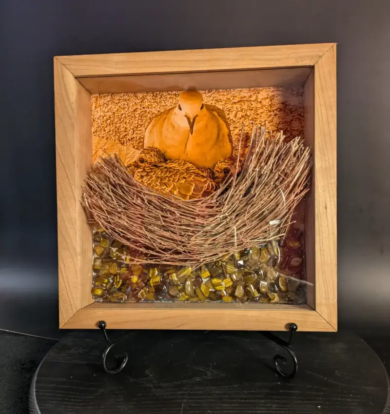 Cherry Wood Frame with Mourning Dove Brood and Tiger Eye Stone Sculpture