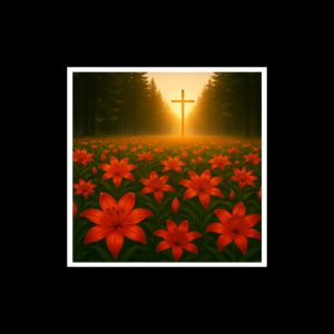 Scarlett lily field in forest with cross, square