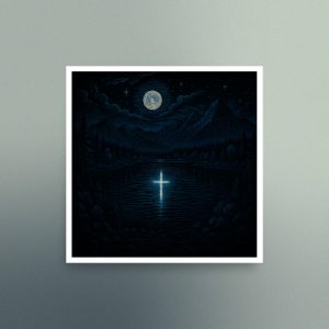 Linocut Design of a Moonlit Lake with a Cross Surrounded by Forest, Square