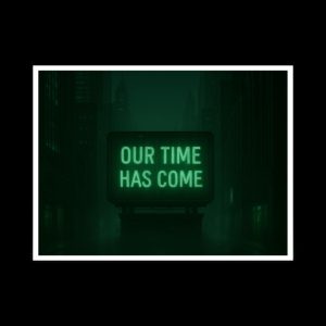 Electric green monitor, city street scene landscape