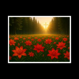 Scarlett lily field in forest with cross, landscape