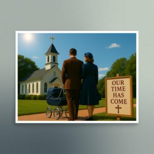 1950's Couple with stroller standing before church