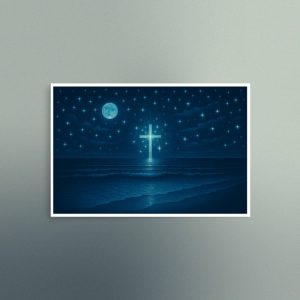 Navy and Silver Linocut Ocean Night with Cross - Landscape