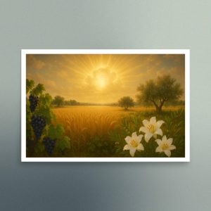 Golden Wheat Field and Sky with White Lilies and Grapes - Landscape