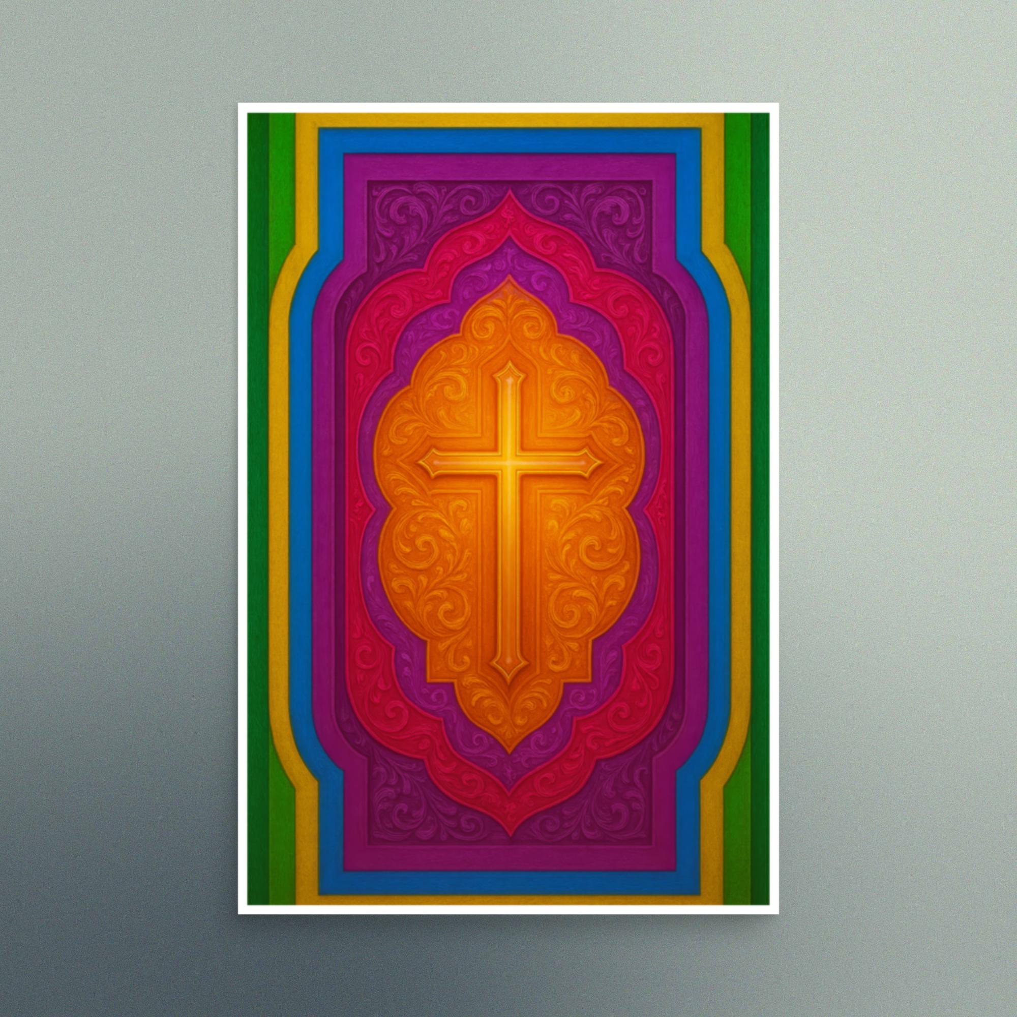 Hard Edge Color Field Styled Cross with Jewel Toned Colors - Landscape