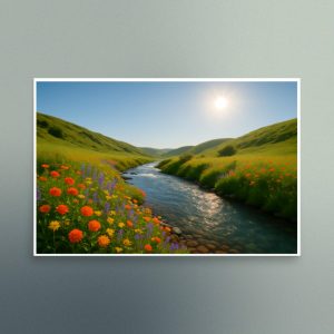 Rolling Green Hills with a Creek and Wildflowers - Landscape