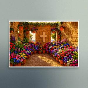 Stone Courtyard With Flowers and Cross - Landscape