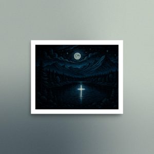 Linocut design of a moonlit lake with a cross surrounded by forest, landscape