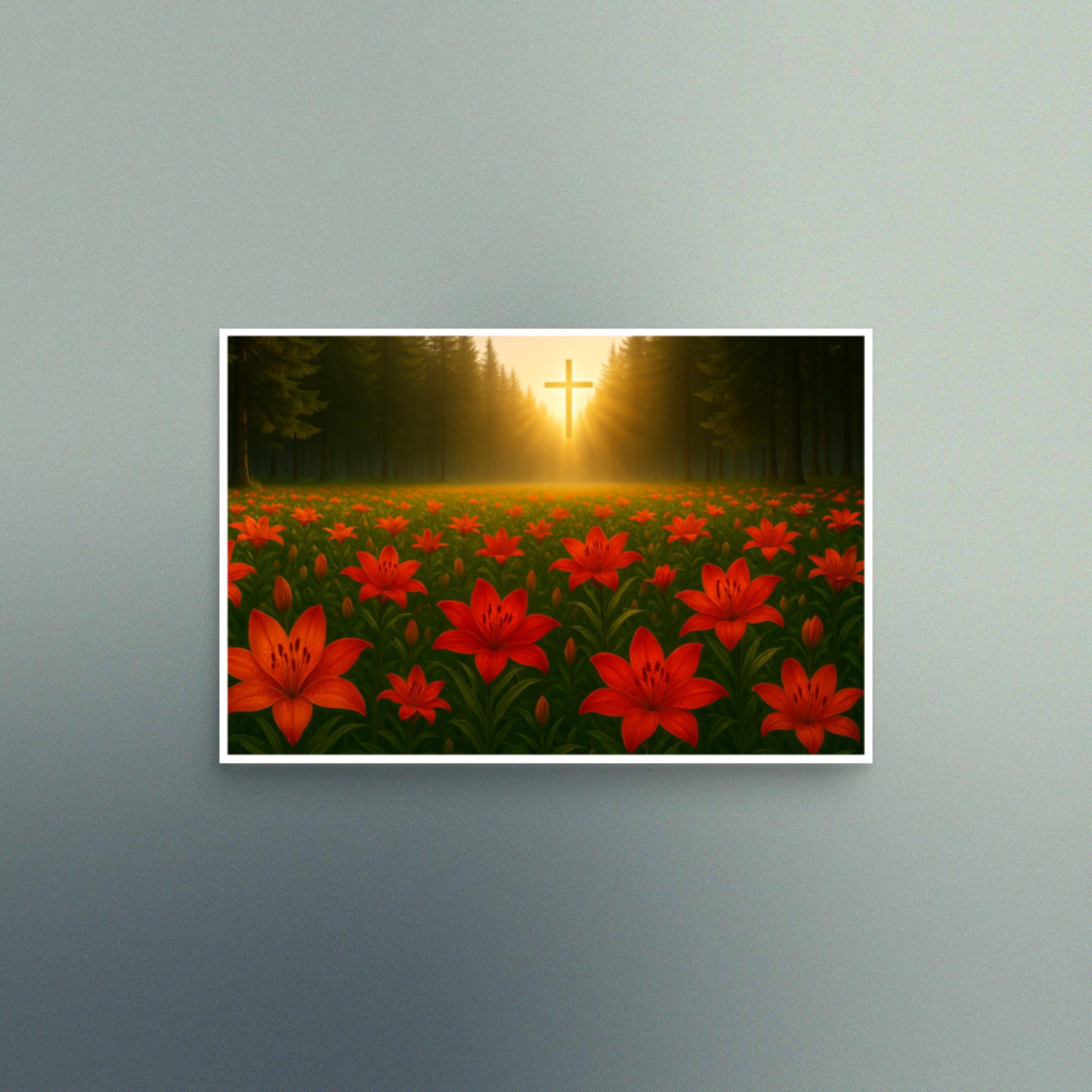 Scarlett Lilies Field with Cross - Christian Devotional Art Print - Semi Gloss - Rectangle - Image 2