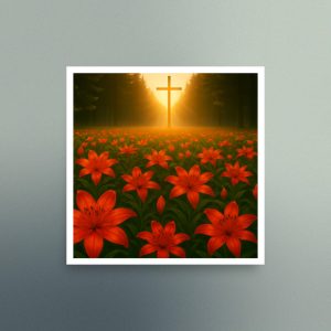 Scarlett Lilies Field with Cross - Christian Devotional Art Print - Semi Gloss - Square