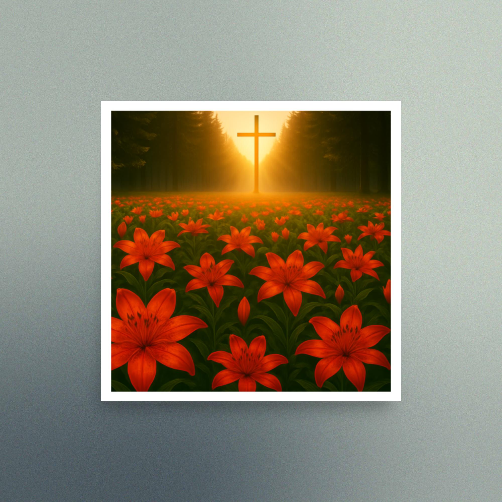 Scarlett Lilies Field with Cross - Christian Devotional Art Print - Semi Gloss - Square