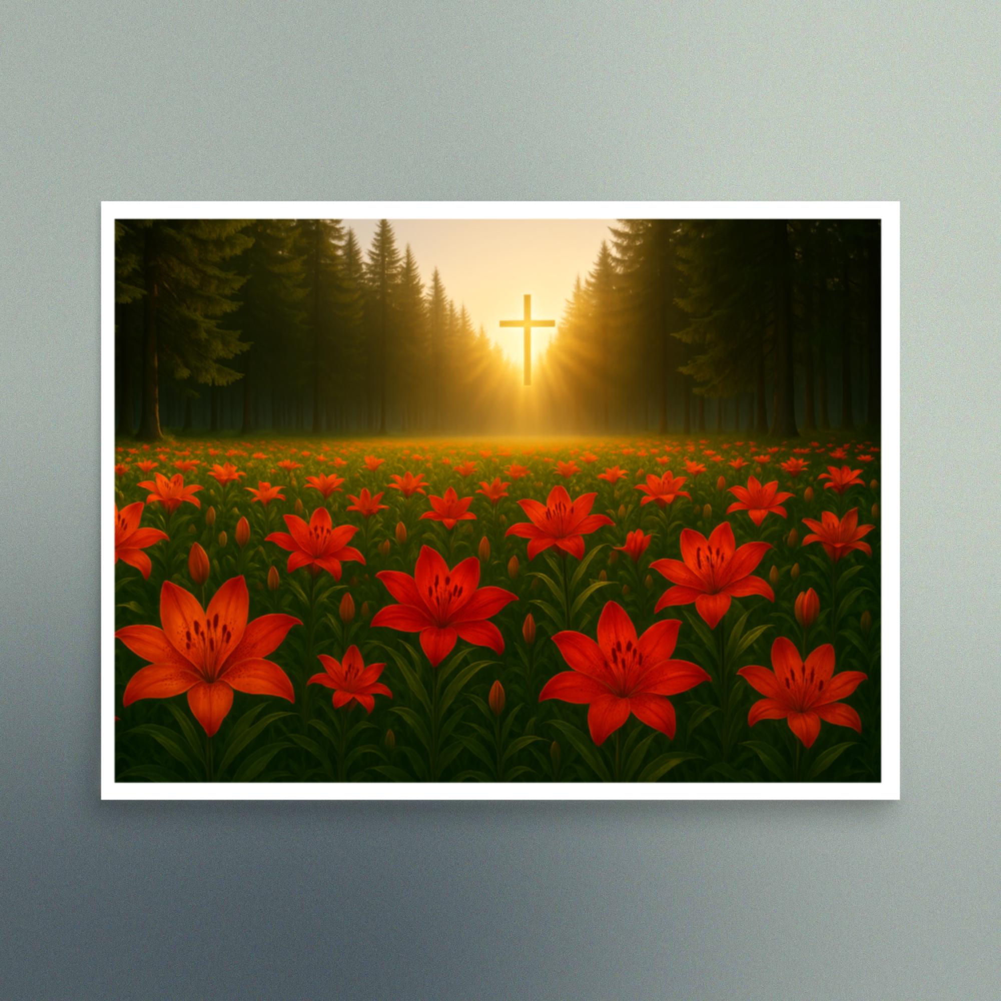 Scarlett Lilies Field with Cross - Christian Devotional Art Print - Semi Gloss - Rectangle - Image 3