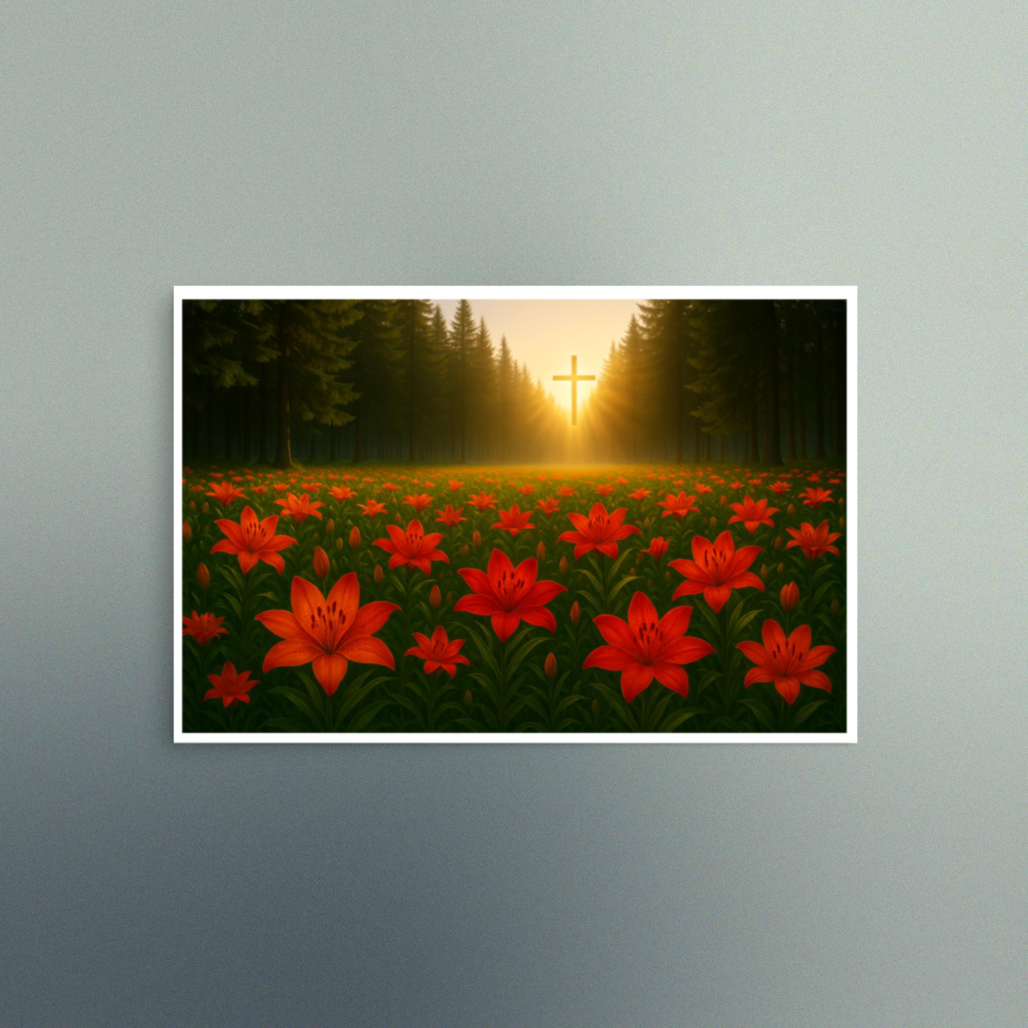 Scarlett Lilies Field with Cross - Christian Devotional Art Print - Semi Gloss - Rectangle - Image 4