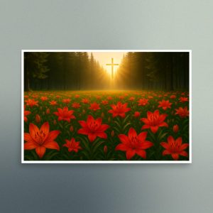 Scarlett Lilies Field with Cross - Christian Devotional Art Print - Semi Gloss - Rectangle