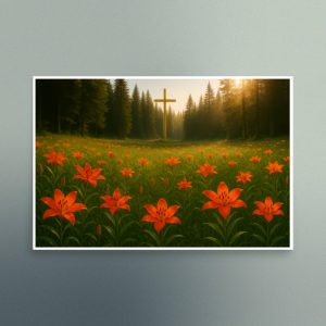 Orange Lilies Field with Cross - Christian Devotional Art Print - Semi Gloss - Rectangle