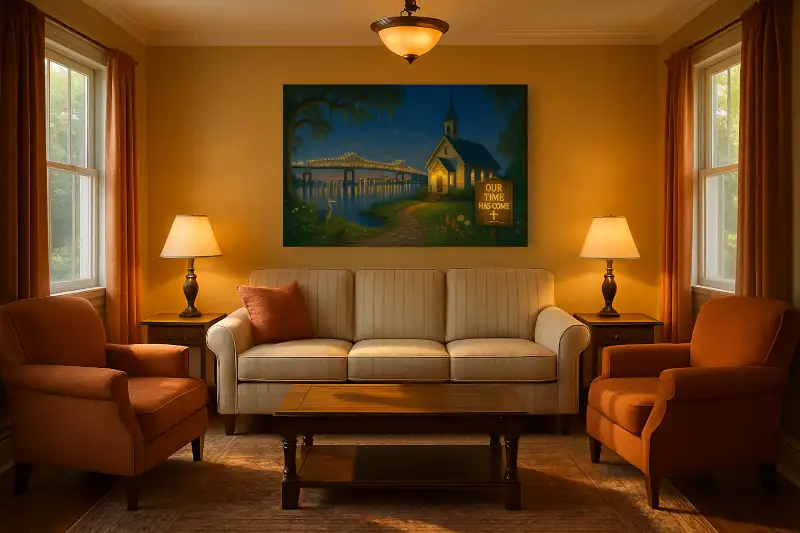 Art In Rooms! Louisiana Living Room with Zephyr Faith Crafts on the wall