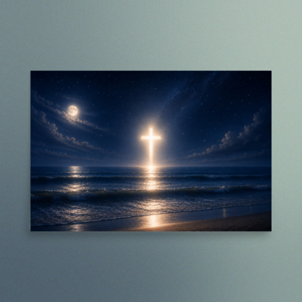 Moonlit Cross Over the Ocean - Christian Devotional Art Print - Rectangle/Landscape