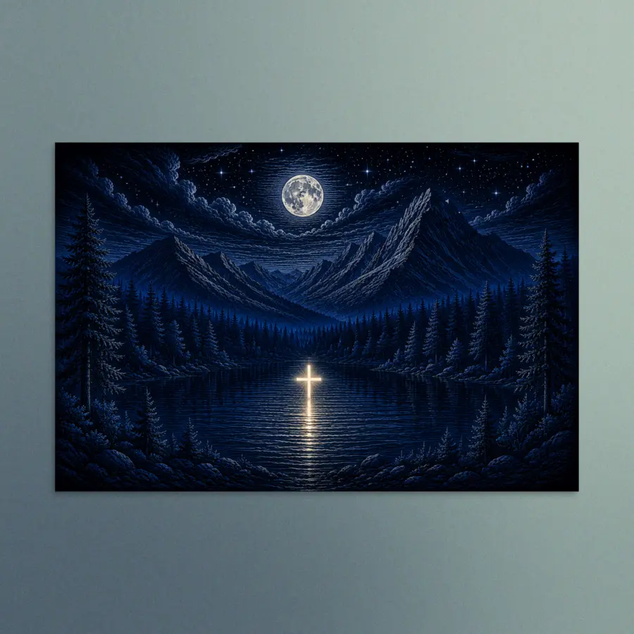 Moonlit Reflection of Faith - Christian Devotional Art Print - Rectangle/Landscape