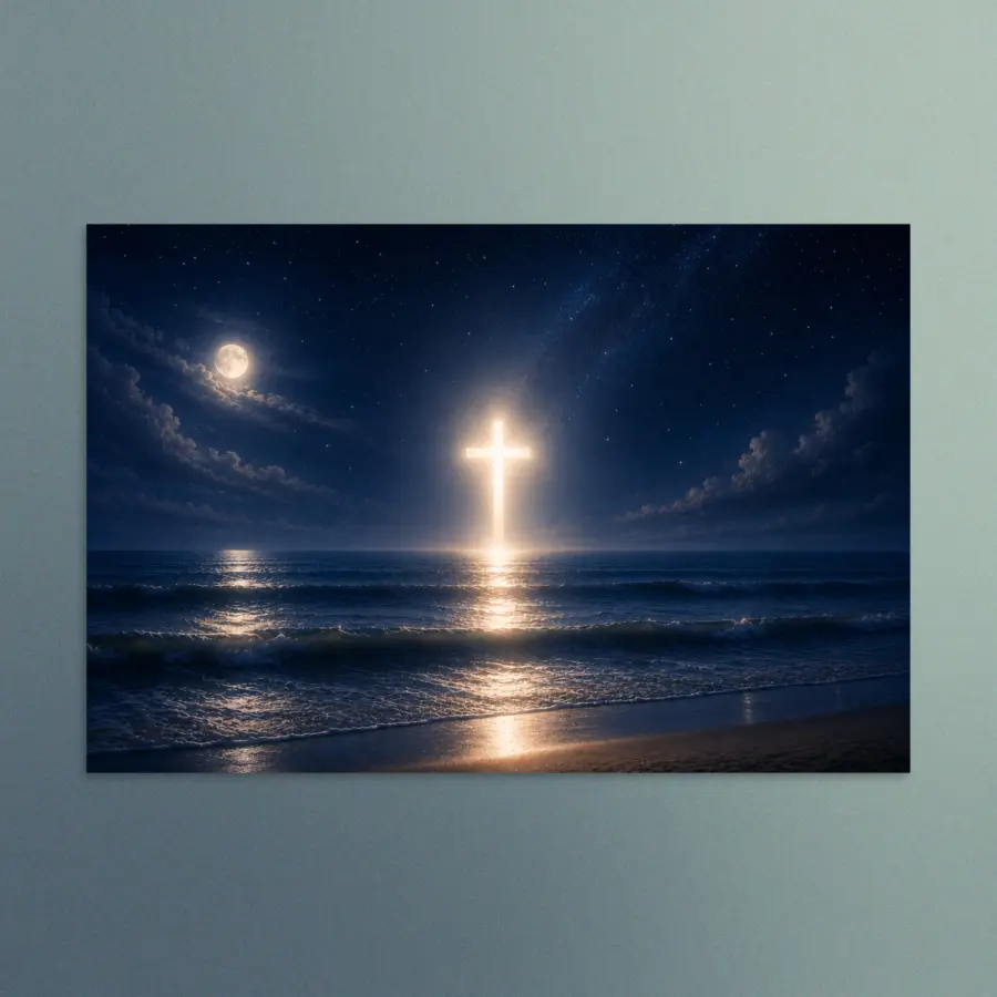Moonlit Cross Over the Ocean - Christian Devotional Art Print - Rectangle/Landscape